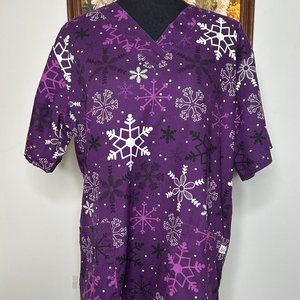 UA Scrub Womens Small V-neck Purple "Sassy Snowflakes" Healthcare Workwear